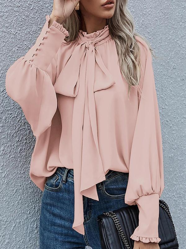 Women's Plain Frill Trim Tie Front Bishop Sleeve Button Blouse, Casual Mock Neck Long Sleeve Top for Daily Wear, Ladies Clothes for All Seasons Comfy Mom Outfits 2024