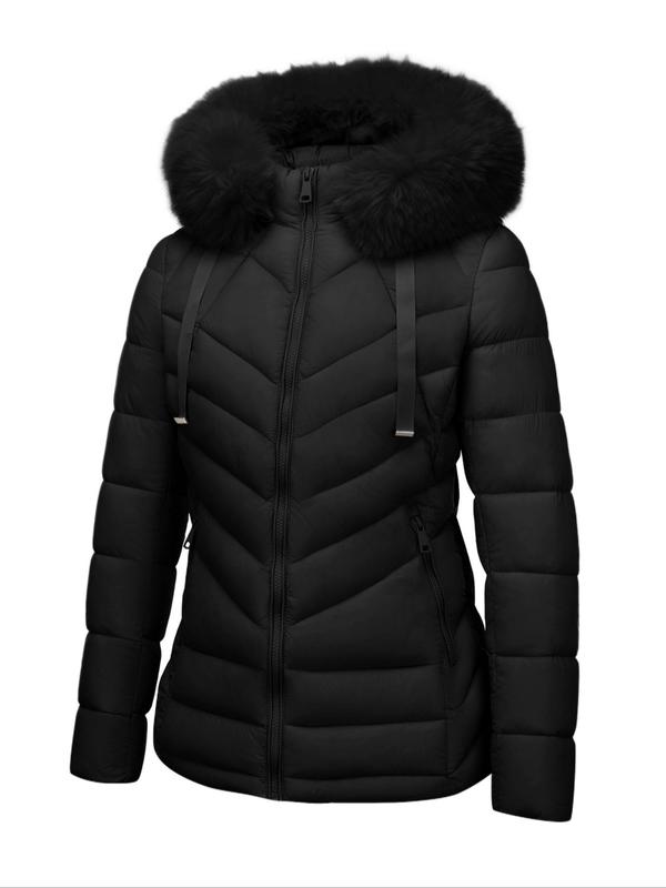 Women's Solid Color Contrast Faux Fur Hooded Quilted Jacket, Casual Long Sleeve Zip Up Pocket Design Coat for Fall & Winter, Women's Clothing for Daily Wear