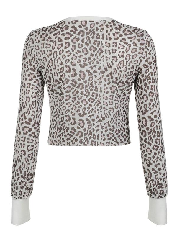 Women's Leopard Print Button Front Tee, Casual Long Sleeve Sweetheart Neck T-Shirt for Spring & Fall, Women's Clothes for Daily Wear