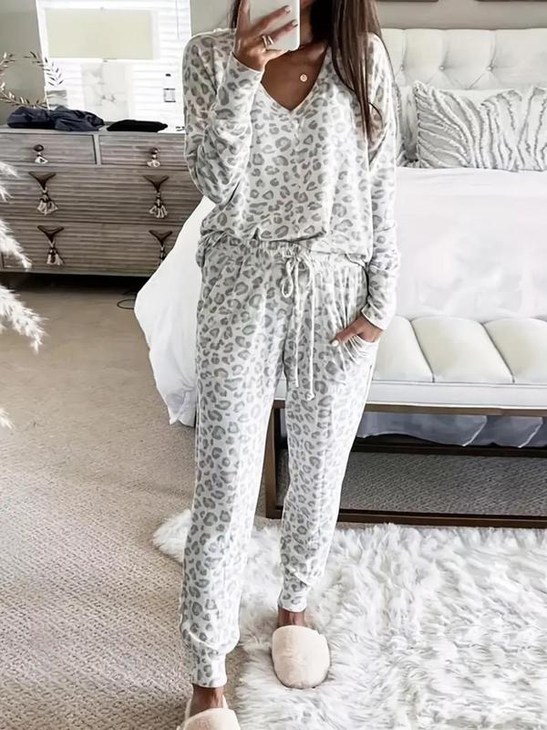 Two-Piece Set Women's Leopard Print Drop Shoulder Top & Drawstring Pants Pyjama Set, Casual Comfy Long Sleeve V Neck Top & Pocket Trousers PJ Set, Women's Sleepwear for Spring & Fall, Fluffy Pajamas