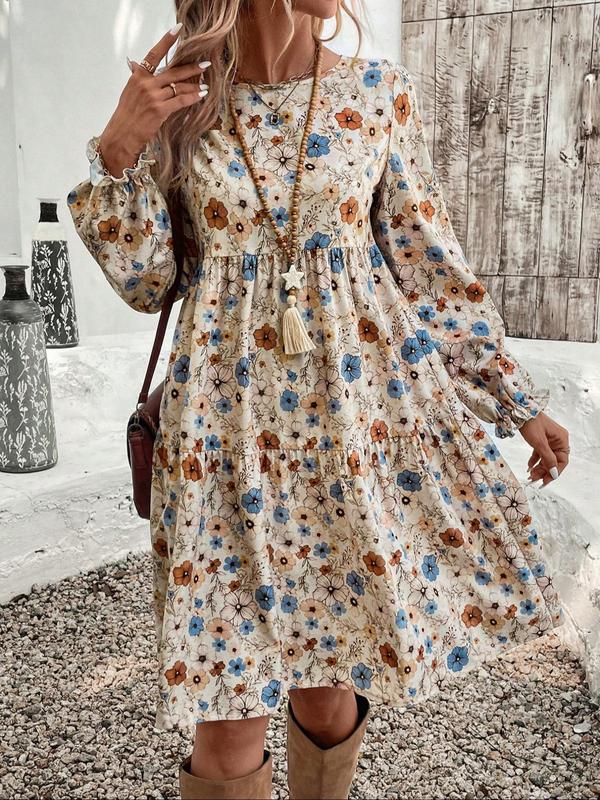 Women's Floral Print Ruffle Hem Smock Dress, Boho Fashion Long Sleeve Round Neck Knee Length Dress for Daily Holiday Vacation Wear, Ladies Dress for All Seasons