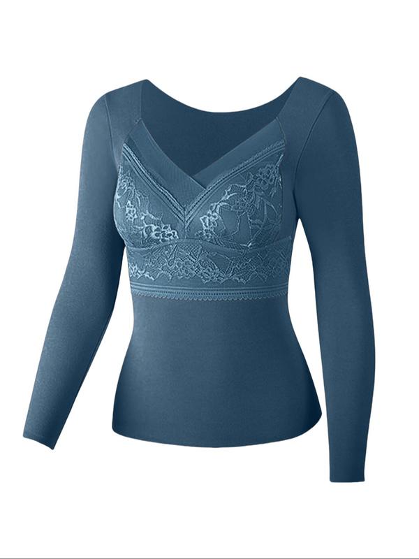 Women's Solid Color Contrast Lace Thermal Lined Underwear Top, Casual Comfy Warm Round Neck Long Sleeve Top for Fall & Winter, Women's Underwear for Daily Wear