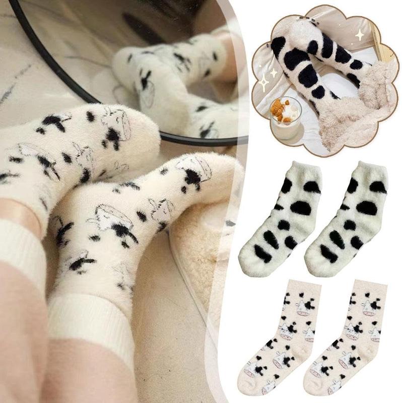 2 3 Pairs Cute Cow Fuzzy Socks, Women Warm Winter Slipper Soft Casual Cozy Fluffy Socks for Christmas Gift, Sleeping Thickened Plush Crew for Home