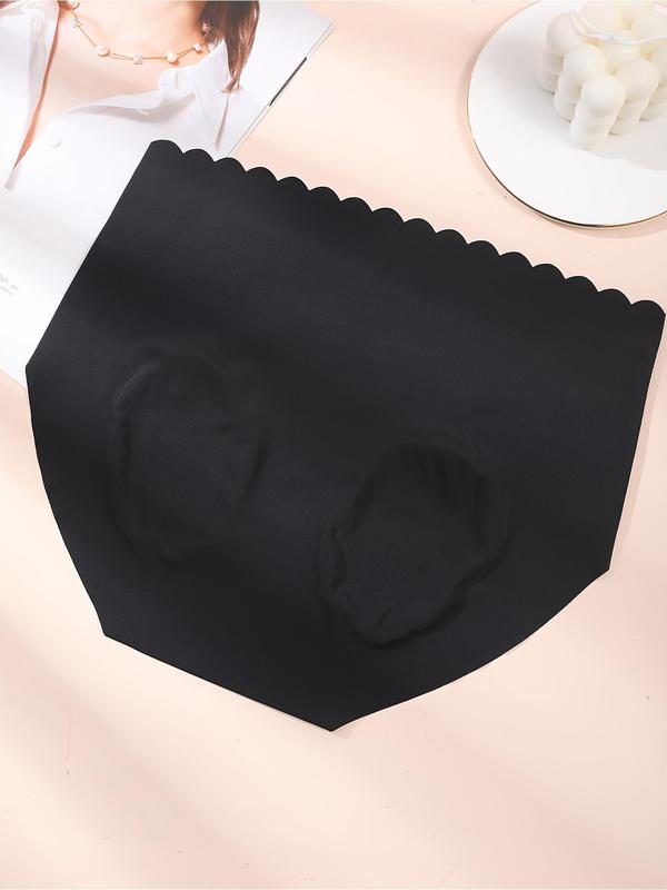 Women's Solid Scallop Trim High Waist Knicker, Soft Comfy Breathable Seamless Panty for Daily Wear, Underwear for All Seasons