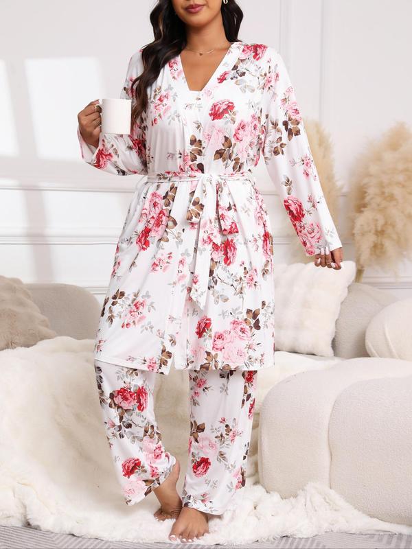  Three-Piece Set Floral Print Belted Lounge Robe & Cami Top & Elastic Waist Pants Pyjama Set, Elegant Comfy Drop Shoulder Long Sleeve Robe & Sleeveless Top & Bow Decor Trousers PJ Set, Women's Sleepwear for Spring & Fall