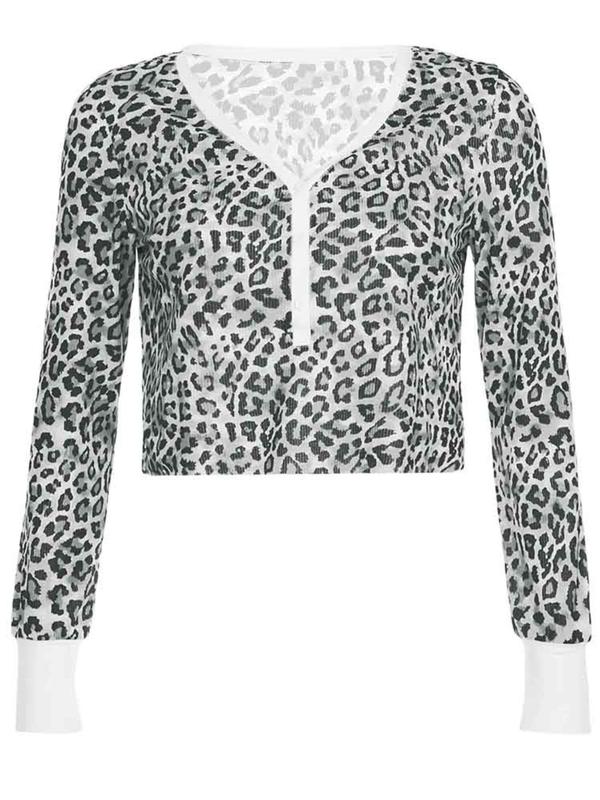 Women's Leopard Print Button Front Tee, Casual Long Sleeve Sweetheart Neck T-Shirt for Spring & Fall, Women's Clothes for Daily Wear