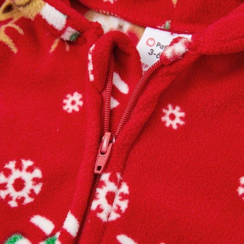 PatPat Christmas Family Matching Allover Deer Print 3D Antler Hooded Long-sleeve Red Thickened Polar Fleece Onesies Pajamas