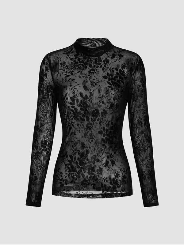 Women's Floral Print Sheer Mock Neck Cover Up Top, Long Sleeve Tulle Top for Daily Wear, Ladies Clothes for All Seasons, Clothes for Women