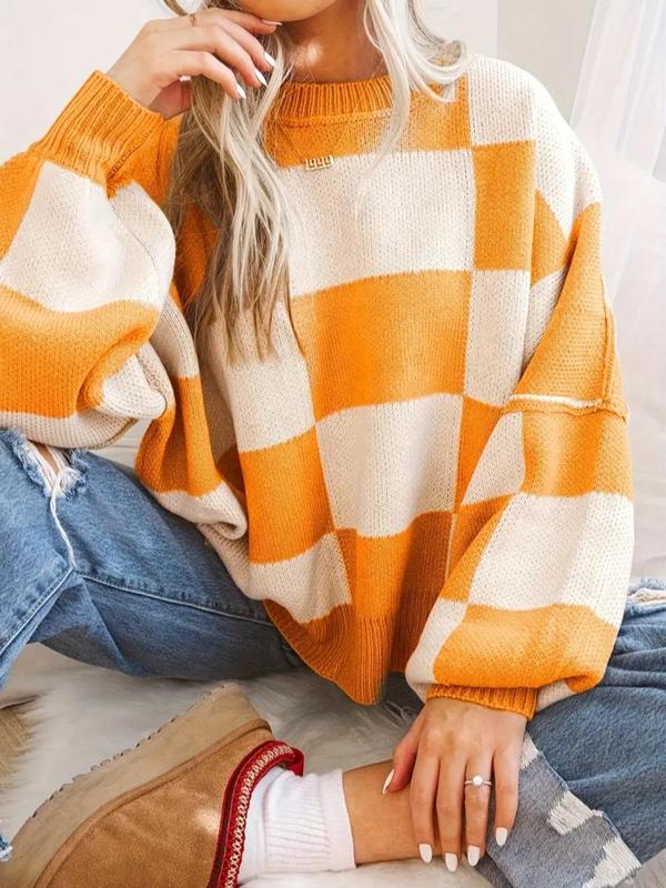 Women's Plaid Print Drop Shoulder Sweater, Casual Long Sleeve Round Neck Jumper for Fall & Winter, Fashion Ladies' Knitwear for Daily Back to School Wear