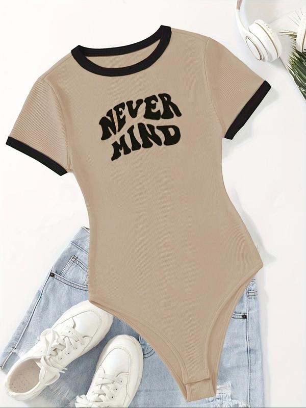 Women's Letter Print Contrast Binding Bodysuit, Casual Short Sleeve Round Neck Bodysuit for Summer, Ladies Clothes for Daily Wear