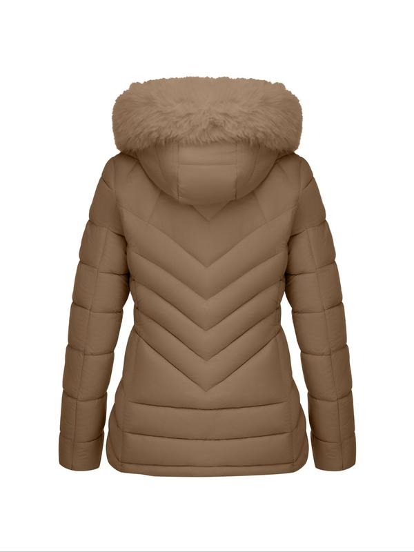 Women's Solid Color Contrast Faux Fur Hooded Quilted Jacket, Casual Long Sleeve Zip Up Pocket Design Coat for Fall & Winter, Women's Clothing for Daily Wear