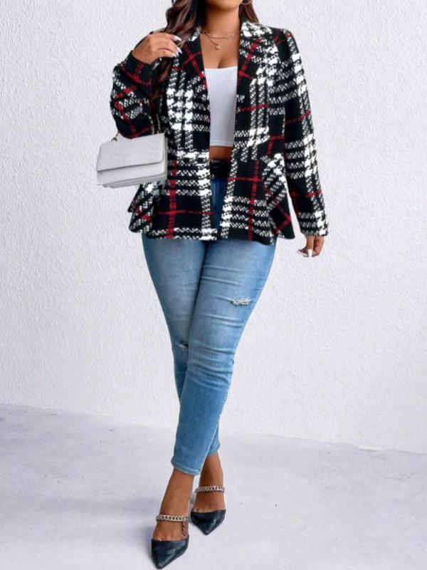  Plaid Print Lapel Collar Blazer, Casual Long Sleeve Outerwear for Fall & Winter, Work Clothes for Office, Women's Clothes for Daily Wear