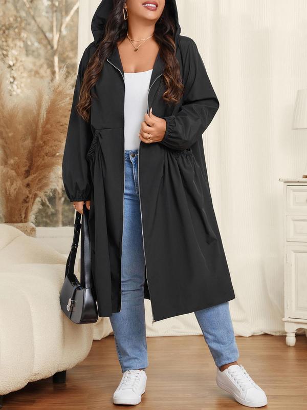 CURVZY Plus Size Solid Bishop Sleeve Zip Up Hooded Jacket, Casual Long Sleeve Pocket Outerwear for Fall & Winter, Women's Clothes for Daily Wear