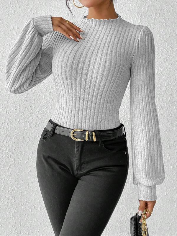 Women's Solid Lettuce Trim Mock Neck  Bodysuit, Casual Long Sleeve Bodysuit for Daily Wear, Ladies Clothes for All Seasons