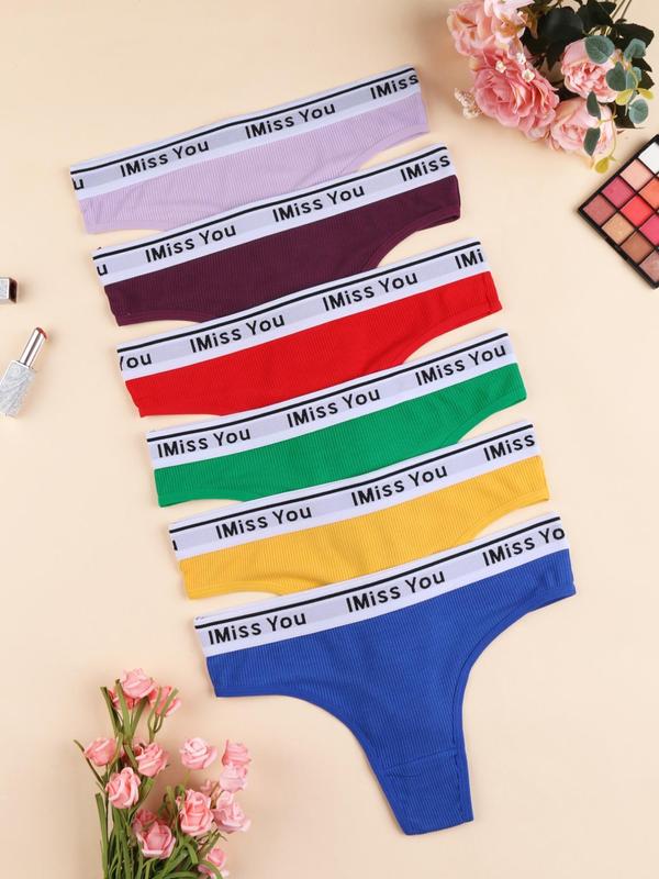 Women's 6pcs Letter Tape Low Waist Ribbed Thong, Soft Comfy Breathable Knicker for Daily Wear, Underwear for All Seasons