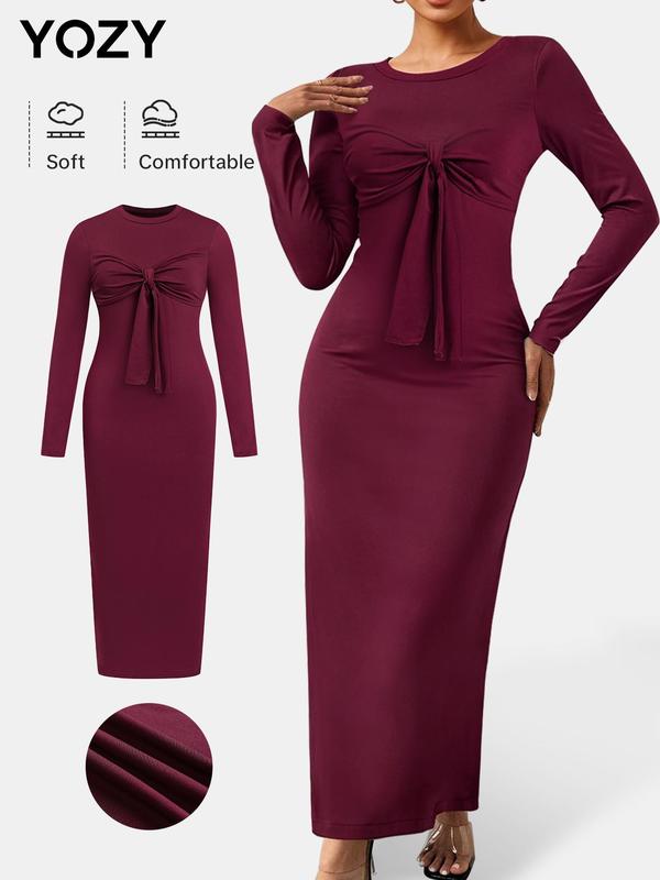 YOZY Women's Plain Knot Front Split Hem Bodycon Dress, Elegant Long Sleeve Round Neck Dress for Party Holiday Wedding Guest, Ladies Fall & Winter Clothes