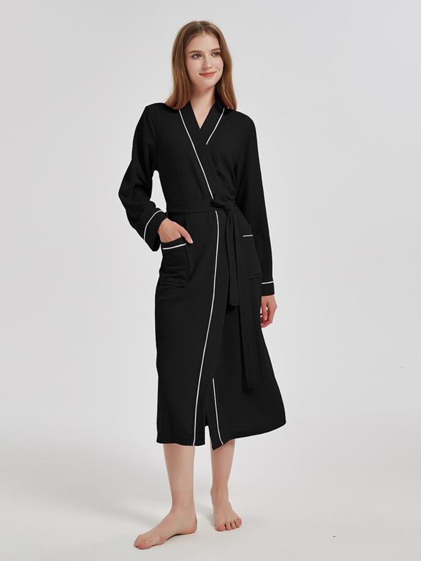 Women's Contrast Binding Belted Wrap Robe, Casual Long Sleeve Pocket Bathrobe, Ladies Sleepwear for All Seasons