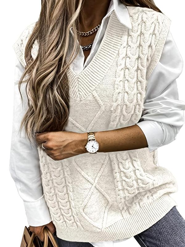 Women's Solid Textured V Neck Sweater Vest, Casual Preppy Cable Knit Pullover for Fall & Winter, Women's Knitwear for Daily Wear, Fall Outfits 2024 Womenswear Tops Comfort Basic Minimalist