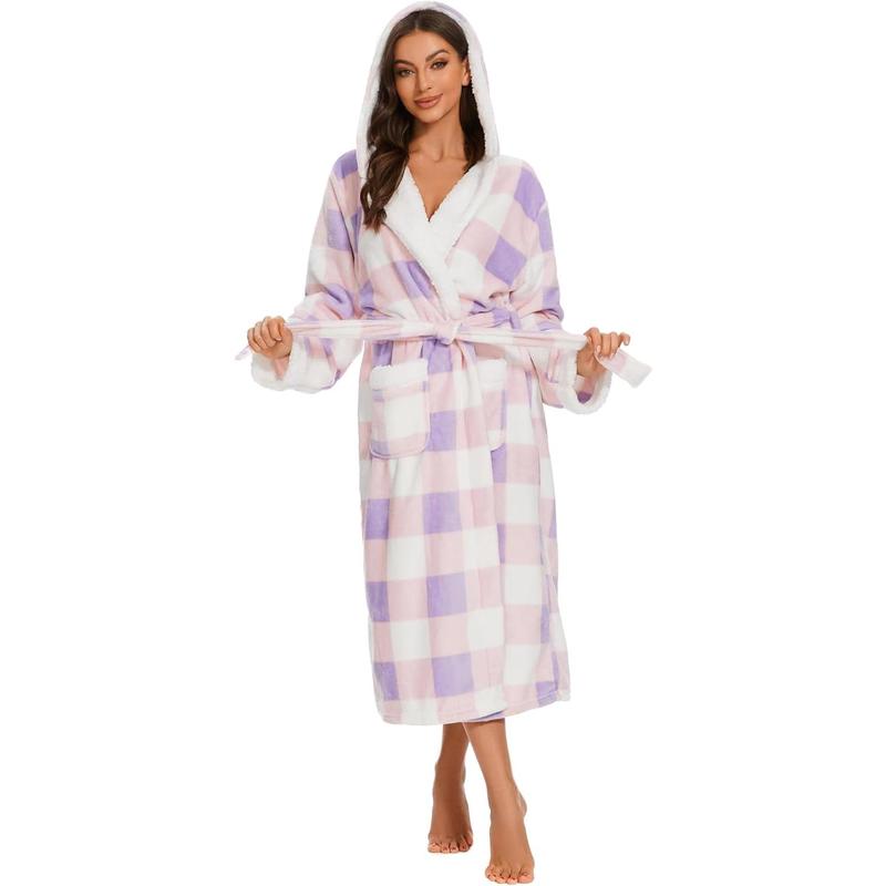 Plush Robes for Women, Womens Robe Long, Fuzzy Fluffy Soft Warm Fleece Hooded Bathrobe