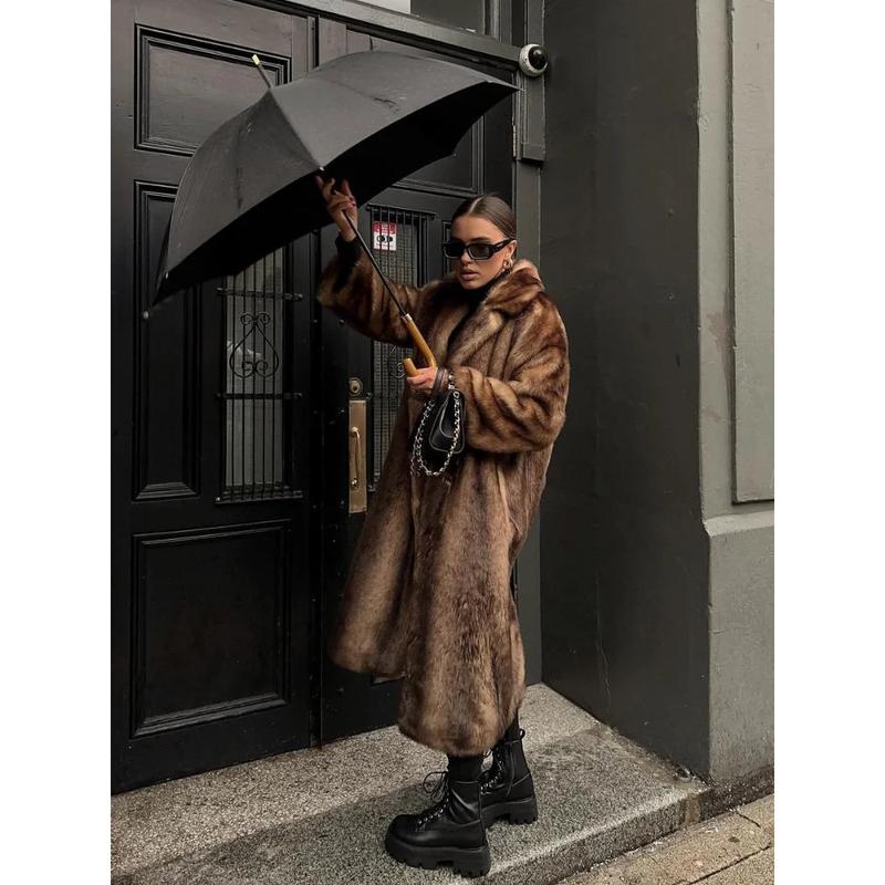 Women Retro Luxury Faux Fur Coat Fashion Lapel Single Breasted Long Sleeve Pockets Jacket Winter Plush Warm High Street Outwear