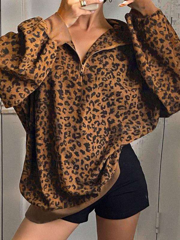 Women's Leopard Print Half Zip Polo Shirt, Casual Long Sleeve Collared Top for Fall & Winter, Women's Clothing for Daily Wear