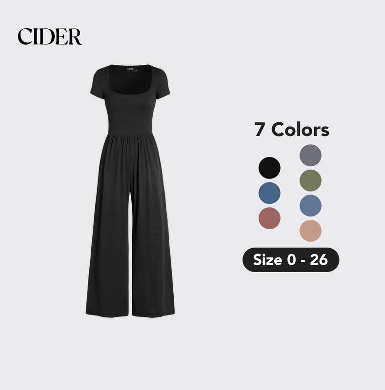 Cider [7 colors, size 0-26] Scoop Neckline Short Sleeve Wide Leg Jumpsuit