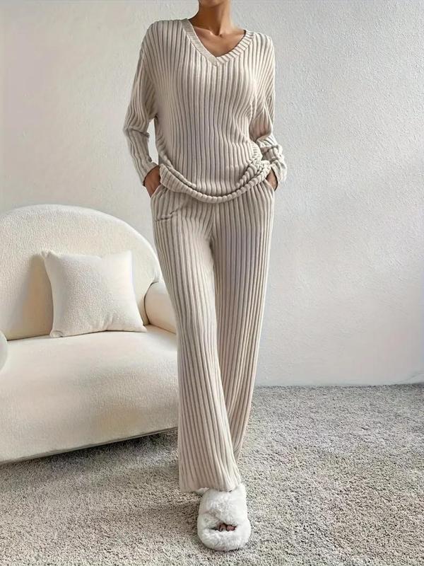 Women's Solid Ribbed Knit Loungewear Two-Piece Set, Casual Comfy Drop Shoulder Long Sleeve Top & Pants PJ Set, Ladies Sleepwear for Spring & Fall