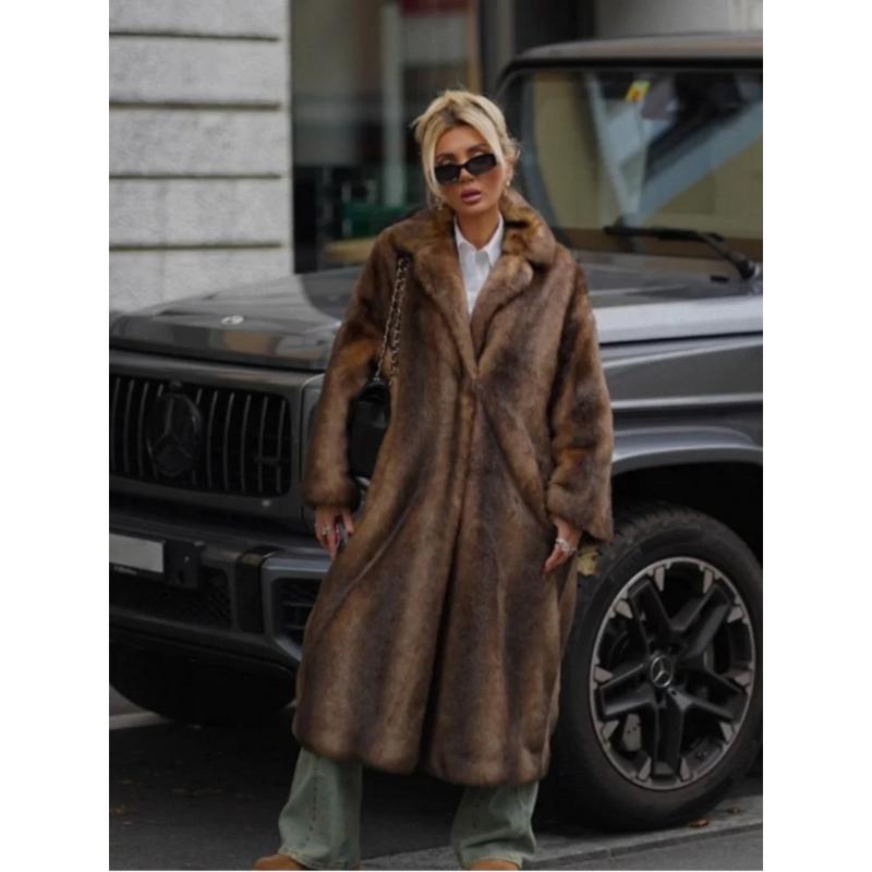 Women Retro Luxury Faux Fur Coat Fashion Lapel Single Breasted Long Sleeve Pockets Jacket Winter Plush Warm High Street Outwear