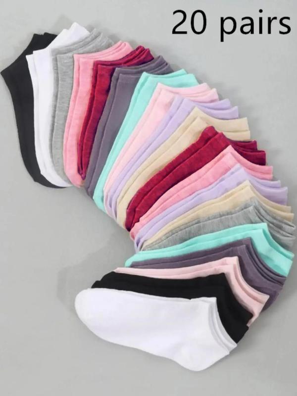 Women's 20 Pairs Solid Ankle Socks, Low Cut Comfy Breathable Socks for Women, Multipack Knit Crew Socks, Mixed Color Socks for Daily Wear, Comfort Womenswear, Minimalist Socks for All Seasons