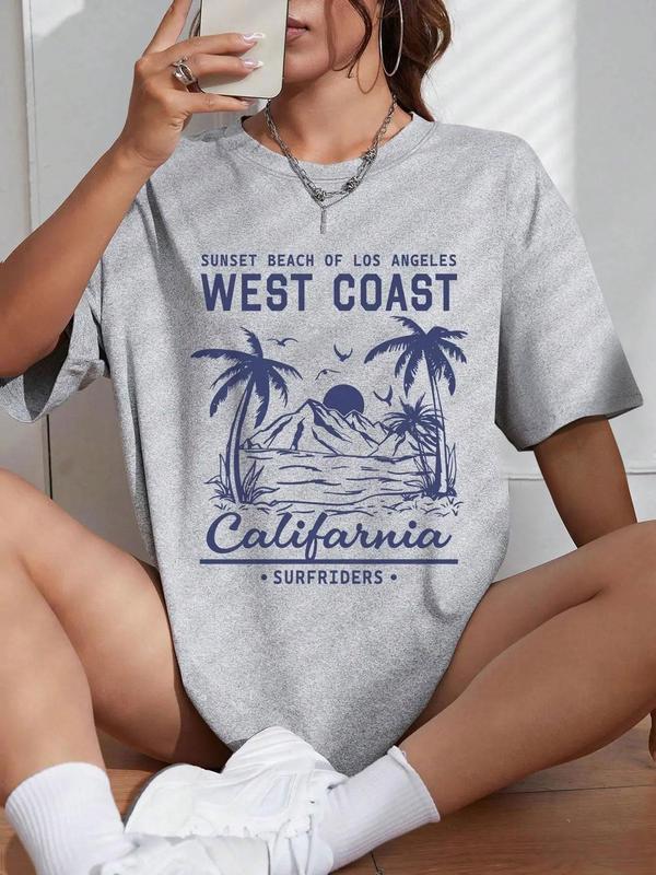 Women's Sunset Beach & Coconut Tree Print Vintage Graphic Tees, T Shirts for Women, Back To School Outfits, Casual Half Sleeve Round Neck T-shirt, Summer Outfits 2024, Graphic Tees, Women's Top for Daily Wear for Birthday Gifts