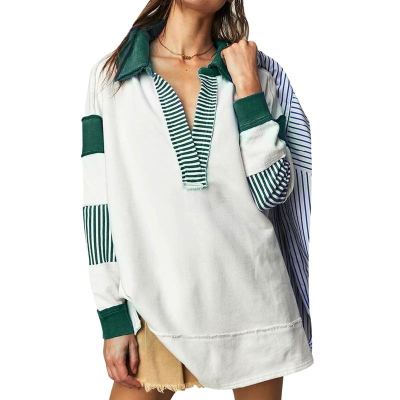 Women Oversized Patchwork Sweatshirt Lapel V Neck Collared Long Sleeve Polo Shirts Color Block Striped Pullover Tops