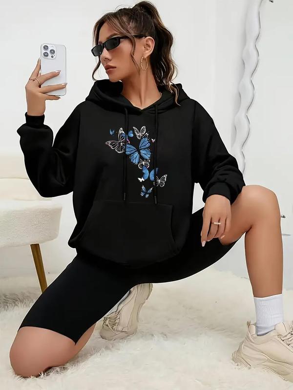 Women's Butterfly Print Drawstring Pocket Hoodie, Fashion Casual Long Sleeve Hooded Sweatshirt for Daily Holiday Outdoor Wear, Women Clothing for Fall & Winter