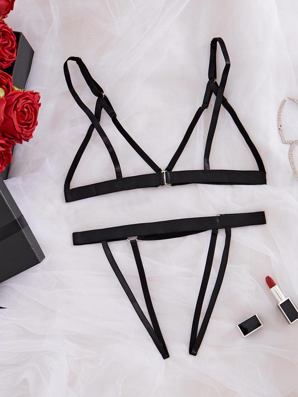 Women's Solid Cut Out Sexy Lingerie Two-Piece Set, Adjustable Strap Bra & Open Crotch Design Thong Set, Fashion Comfy Women's Lingerie Set for All Seasons