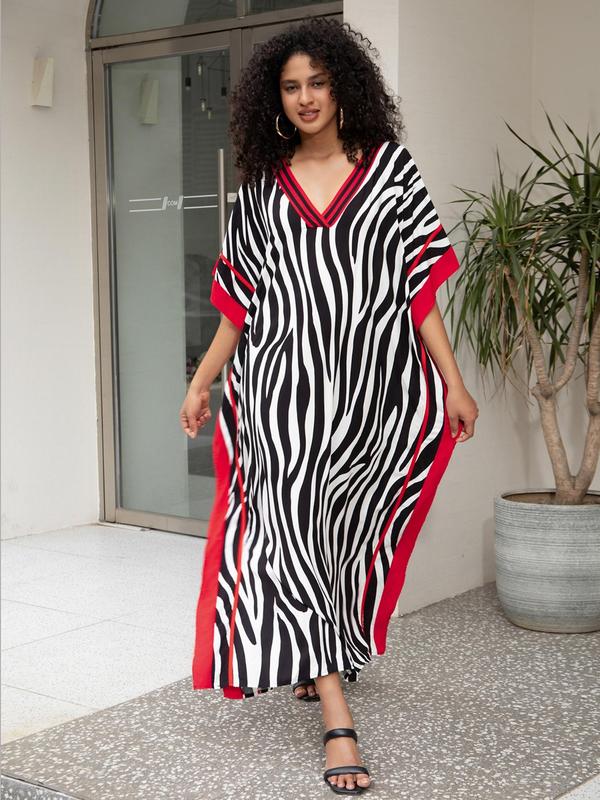 Women's Contrast Trim Zebra Stripe Print Batwing Sleeve V Neck Dress, Casual V Neck Half Sleeve Long Dress for Summer, Fashion Women's Dress for Beach Vacation  Moo Moo Dresses