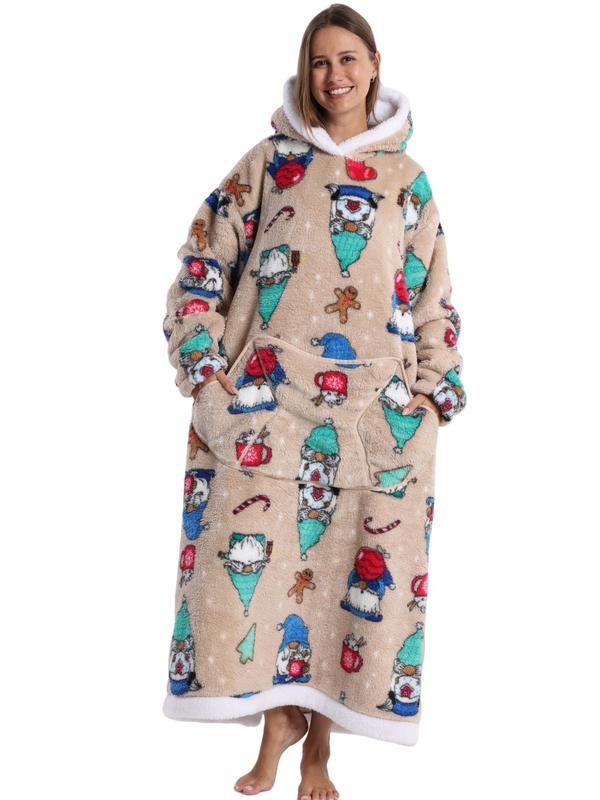 Women's Christmas Themed Print Drop Shoulder Flannel Hooded Dressing Gown, Casual Comfy Long Sleeve Pocket Thermal Lined Hooded Nightgown for Fall & Winter, Women's Sleepwear for Indoor Wear