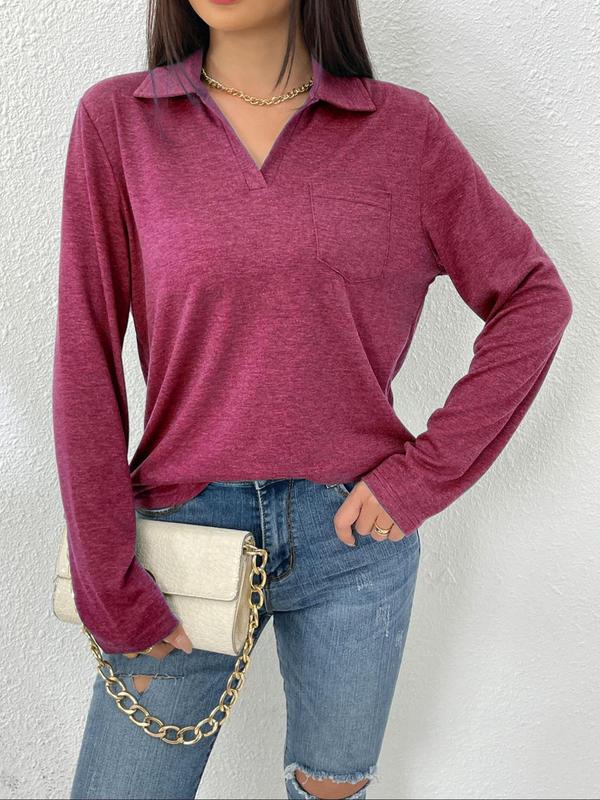 Women's Plain Pocket V Neck Polo Shirt, Casual Long Sleeve Collared Top for Spring & Fall, Ladies Clothes for Daily Wear