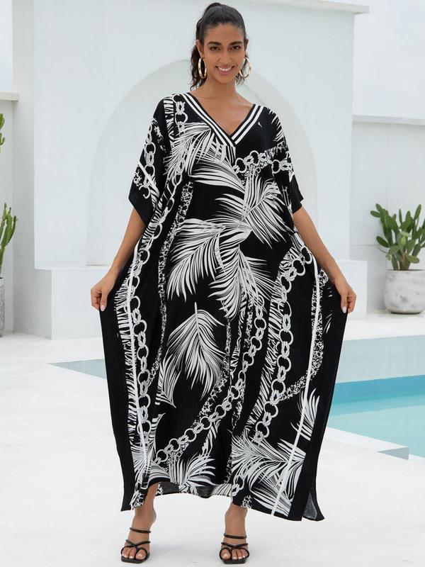 Women's Contrast Trim Zebra Stripe Print Batwing Sleeve V Neck Dress, Casual V Neck Half Sleeve Long Dress for Summer, Fashion Women's Dress for Beach Vacation  Moo Moo Dresses