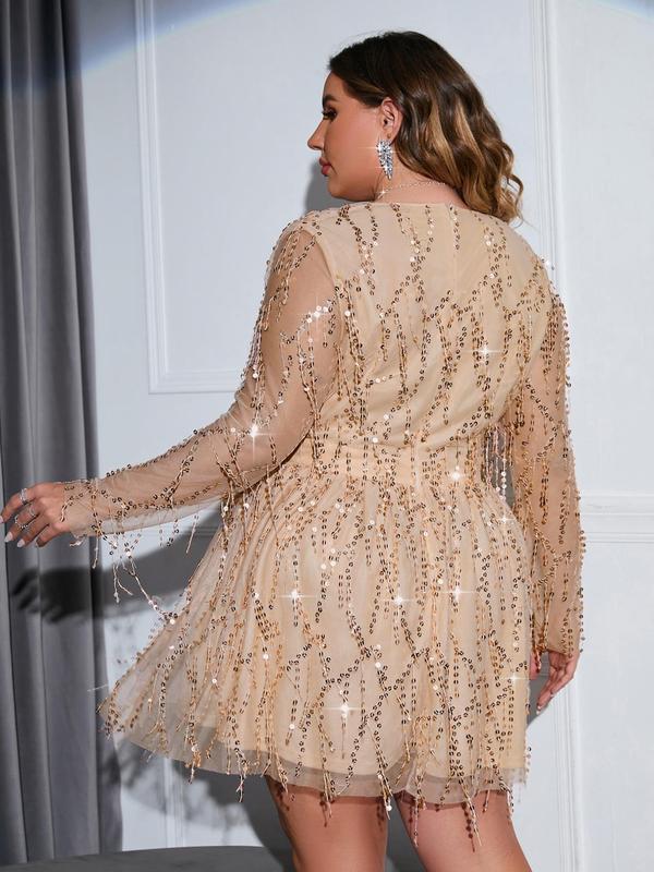 Plus Size Summer Clothes, Glitter Sequin Trim Sheer A Line Dress, Elegant Deep V Neck Long Sleeve Dress For Party Banquet, Women's Clothing For Summer Christmas