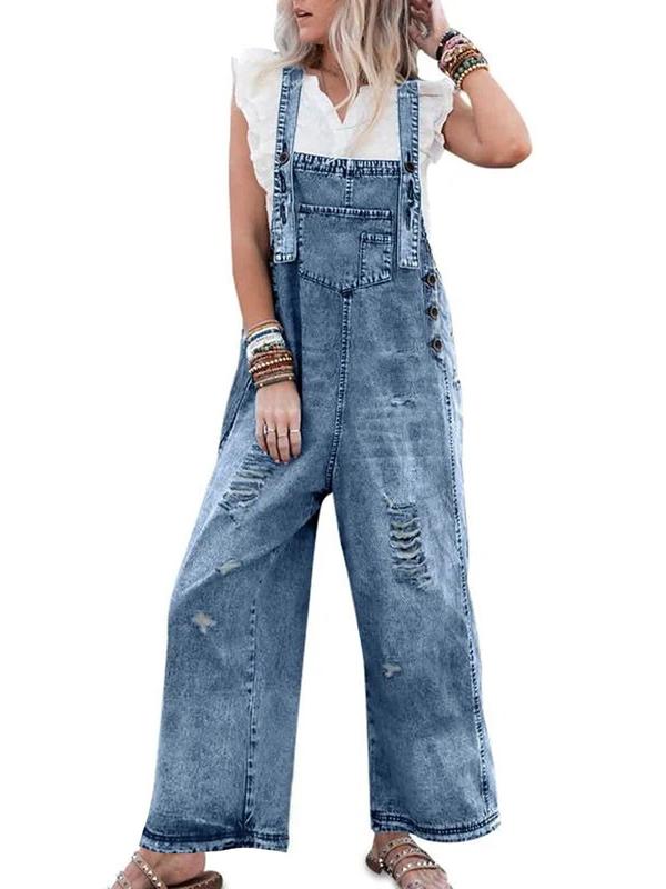 Women's Ripped Raw Hem Pocket   Denim Overalls, Casual Comfy Wide Leg Overalls for Daily Wear, Ladies Clothes for All Seasons