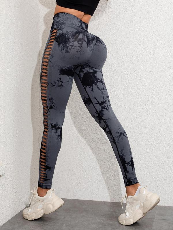 Women's Tie Dye Print Cut Out High Waist Leggings, Casual Fashion Skinny Pants for Daily Wear, Ladies Bottoms for All Seasons