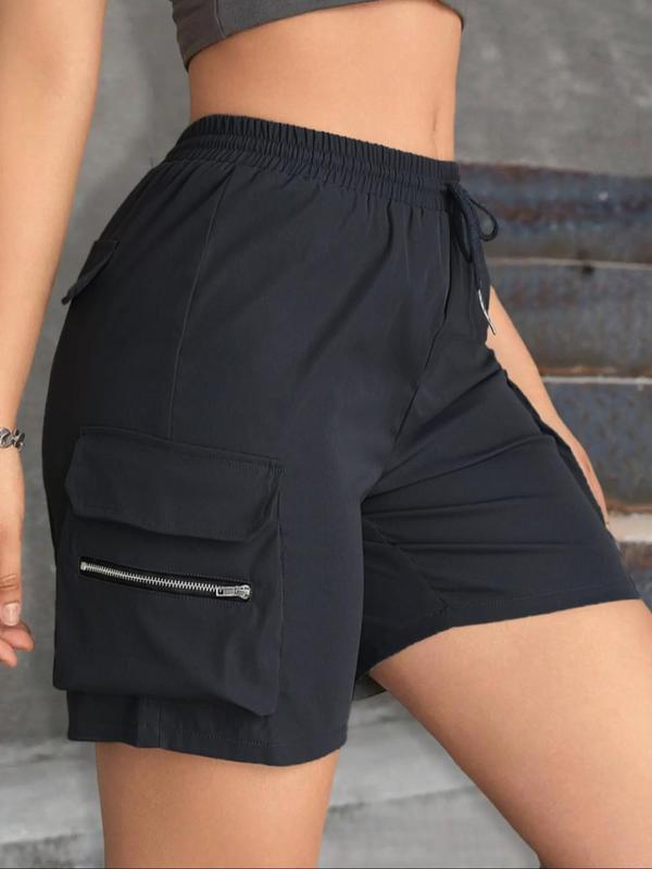 Women's Plain Zipper Drawstring Waist Shorts, Back To School Outfits, Casual Street Elastic Waist Pocket Straight Leg Shorts for Summer, Ladies Bottoms for Daily Wear