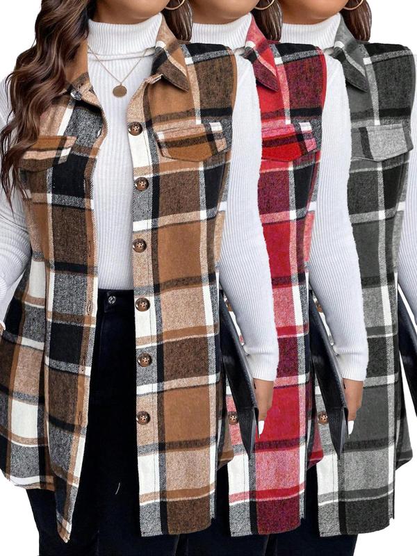  Plaid Print Button Front Pocket Vest Coat, Casual Sleeveless Collared Outerwear for Fall & Winter, Women's Clothes for Daily Wear