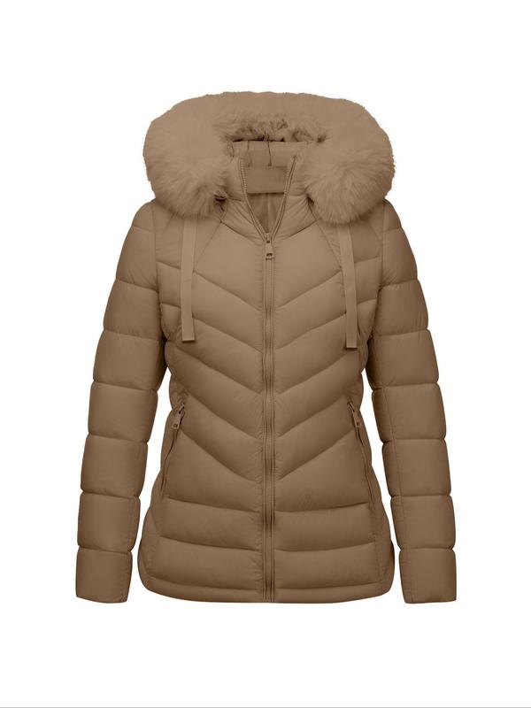 Women's Solid Color Contrast Faux Fur Hooded Quilted Jacket, Casual Long Sleeve Zip Up Pocket Design Coat for Fall & Winter, Women's Clothing for Daily Wear