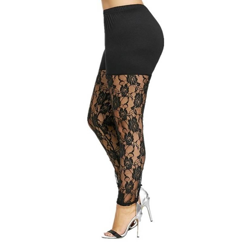 Women Mesh Hollow Lace Insert Sheer Leggings Mid Elastic Waist Pencil Pants Cutout Tights Plus Size L-4XL