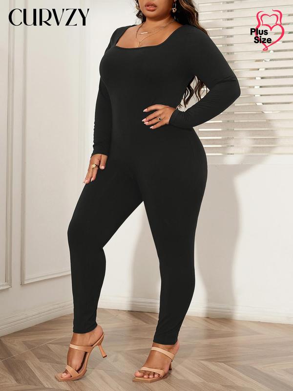 CURVZY Black Friday Deals Plus Size Solid Long Sleeve Square Neck Fall Aesthetic Skinny Jumpsuit, Casual Comfy One Piece Jumpsuit, Women's Plus Clothing for Daily Wear, Christmas 2024 Trend, Thanksgiving Clothes, Fall Clothes, Winter Clothes