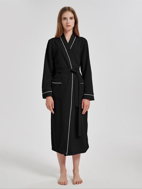 Women's Contrast Binding Belted Wrap Robe, Casual Long Sleeve Pocket Bathrobe, Ladies Sleepwear for All Seasons