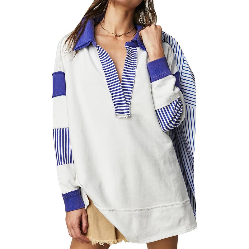 Women Oversized Patchwork Sweatshirt Lapel V Neck Collared Long Sleeve Polo Shirts Color Block Striped Pullover Tops