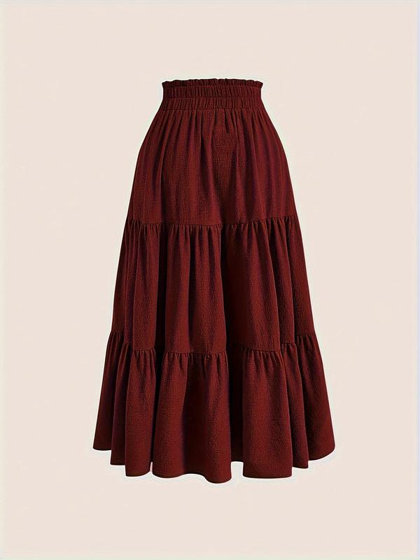 Plus Size Solid Ruffle Hem Drawstring Paper Bag Waist A Line Skirt, Casual Midi Skirt for Daily Holiday Vacation Wear, Women Plus Clothing for Summer, Fall Outfits 2024