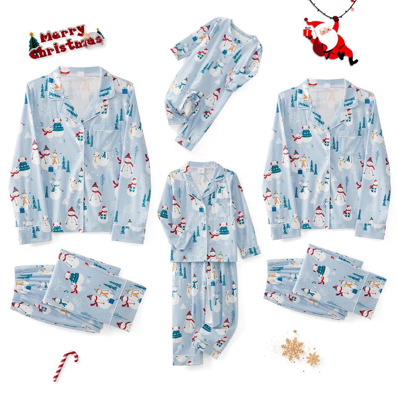 Matching Christmas Pajamas for Family Long Sleeve Snowman Print Shirts Blouse and High Waist Long Pants Set Loungewear