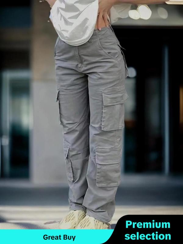 Women's Plain Drawstring Waist Pocket Cargo Pants, Casual Streetwear Pocket Trousers, Pants for Women, Ladies Summer Bottoms for Daily Wear, Downtown Girl Clothes